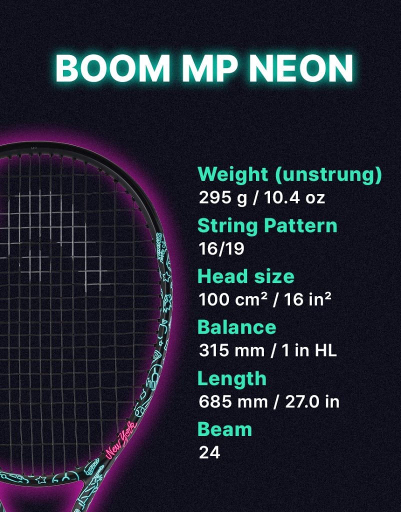 A vibrant graphic of the BOOM MP NEON tennis racket featuring its specifications, including weight, string pattern, head size, balance, length, and beam width, set against a dark background with neon accents.