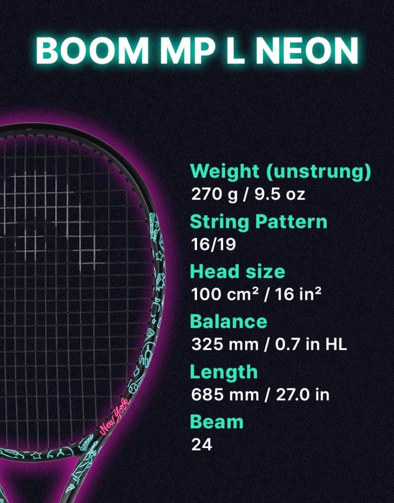 A vibrant and modern graphic displaying the specifications of the BOOM MP L Neon tennis racket, featuring neon colors and elements reminiscent of New York City.