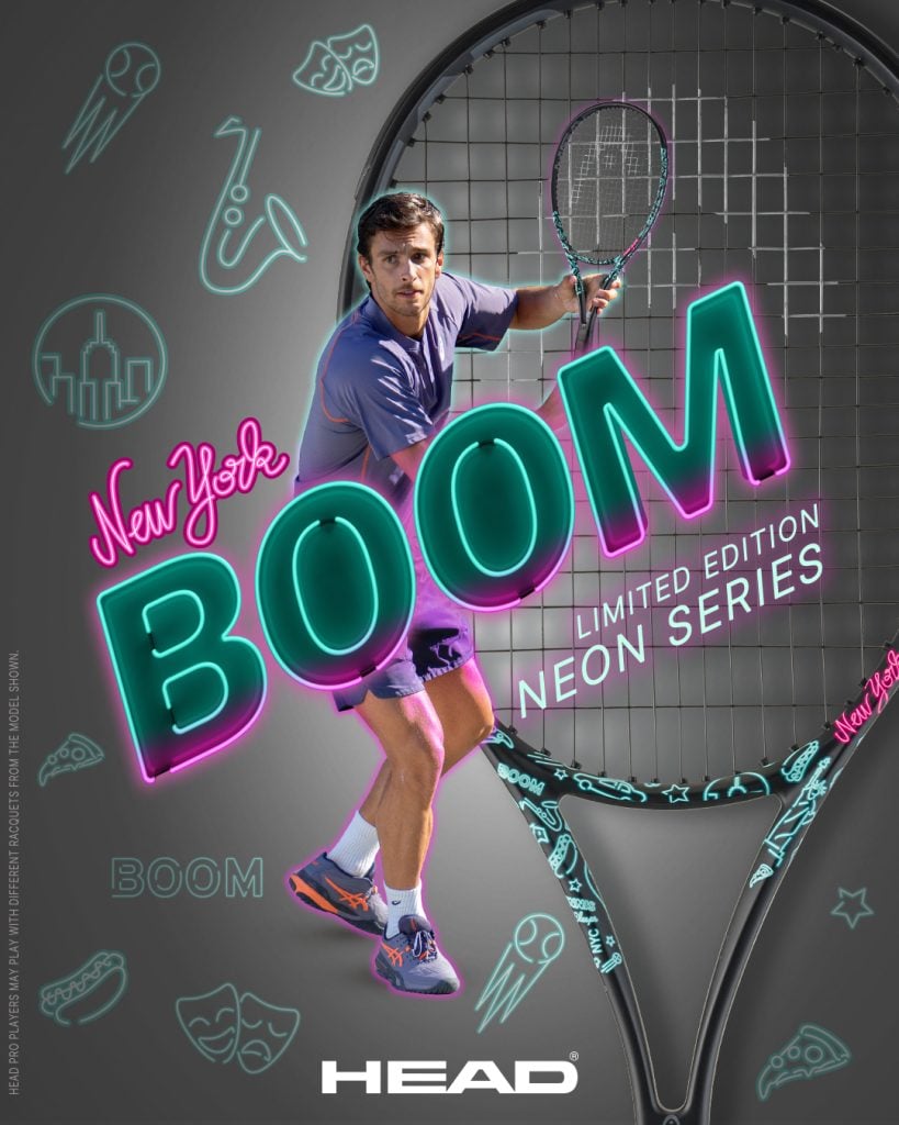 A promotional image featuring a male tennis player in a purple shirt and shorts, holding a tennis racket. The background includes neon designs inspired by New York City, highlighting the 'New York BOOM Limited Edition Neon Series' title in vibrant colors.