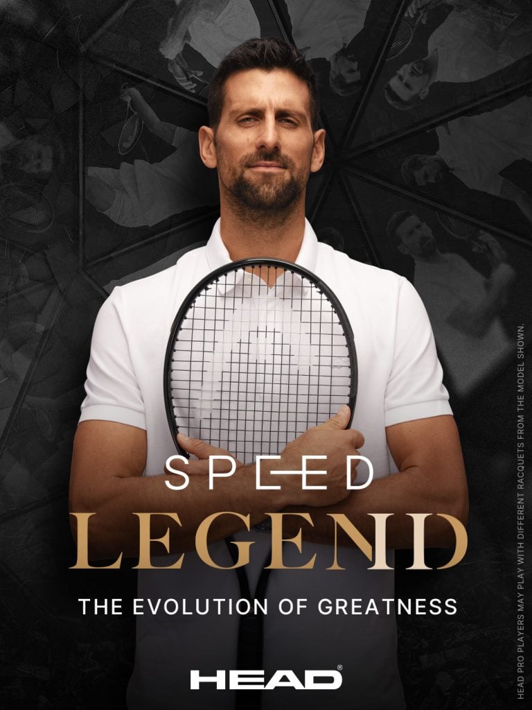 A confident tennis player holding a racket, showcasing the Speed Legend line. The background features a dynamic design related to tennis.