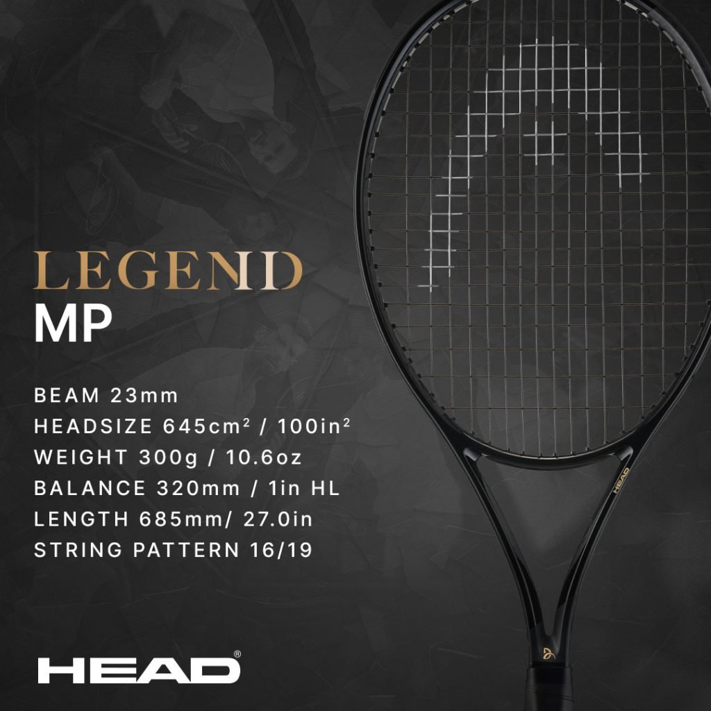 HEAD Legend MP 테니스 라켓의 디자인 및 스펙 정보가 담긴 이미지.
