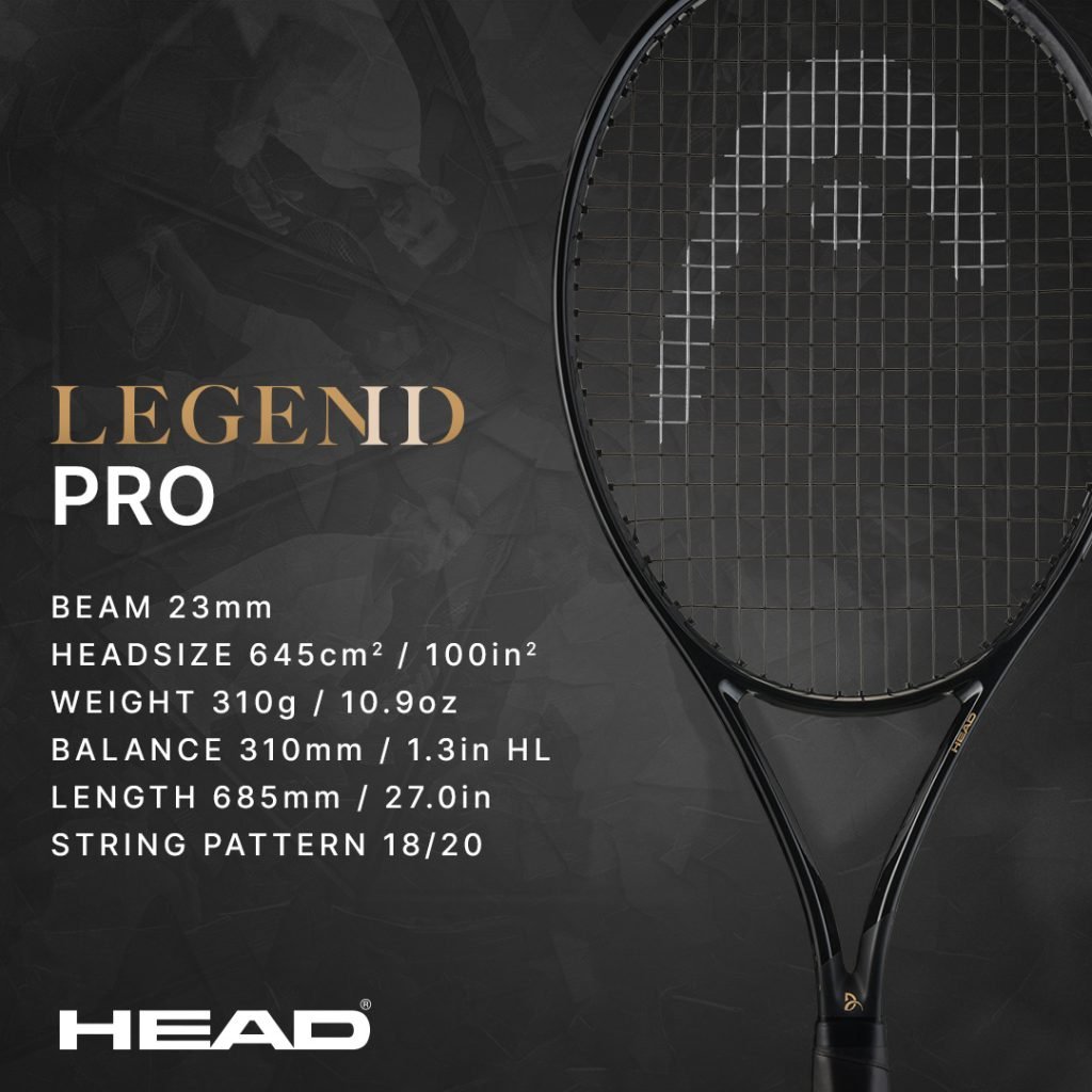 A detailed image of the HEAD Legend Pro tennis racquet, showcasing its specifications such as beam width, head size, weight, balance, length, and string pattern on a sleek black background.